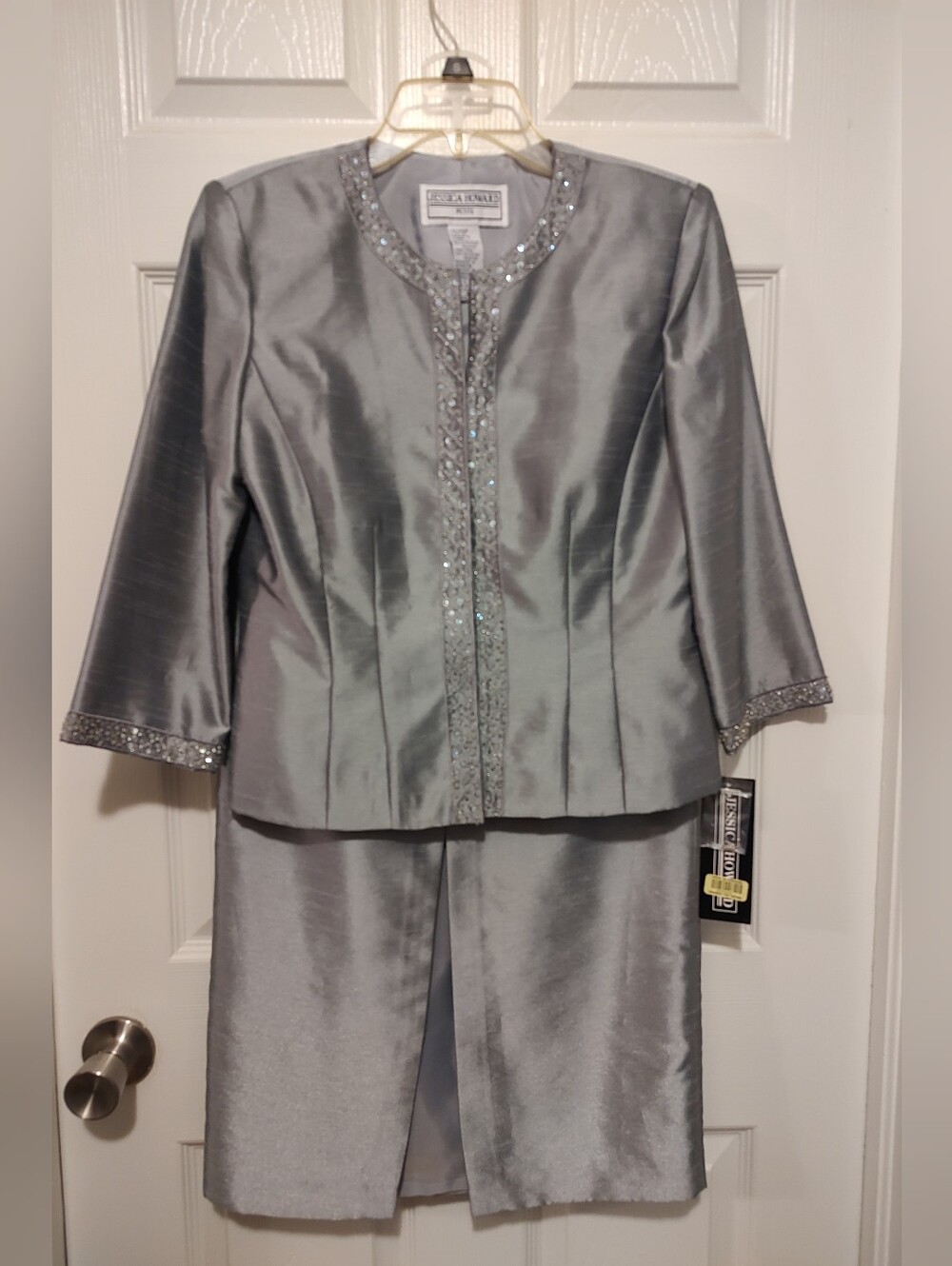 Jessica Howard Silver Beaded Satin-Look Jacket and Skirt